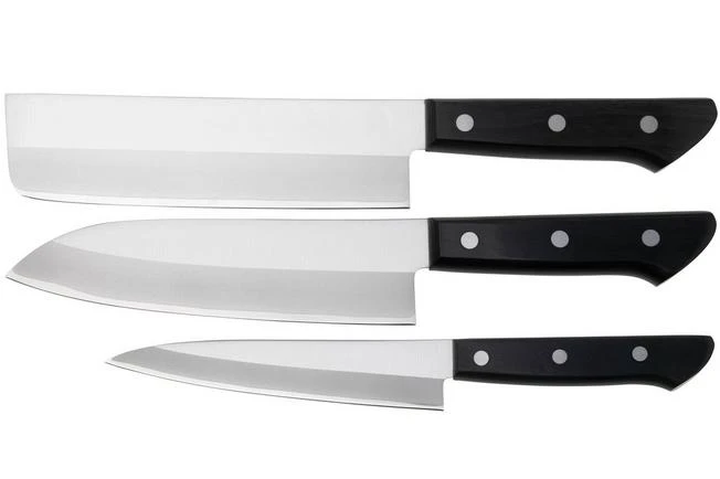 Tojiro Basic TBS-300, 3-piece Knife Set, Nakiri, Santoku, Petty 1 Tojiro Basic TBS-300, 3-piece Knife Set, Nakiri, Santoku, Petty